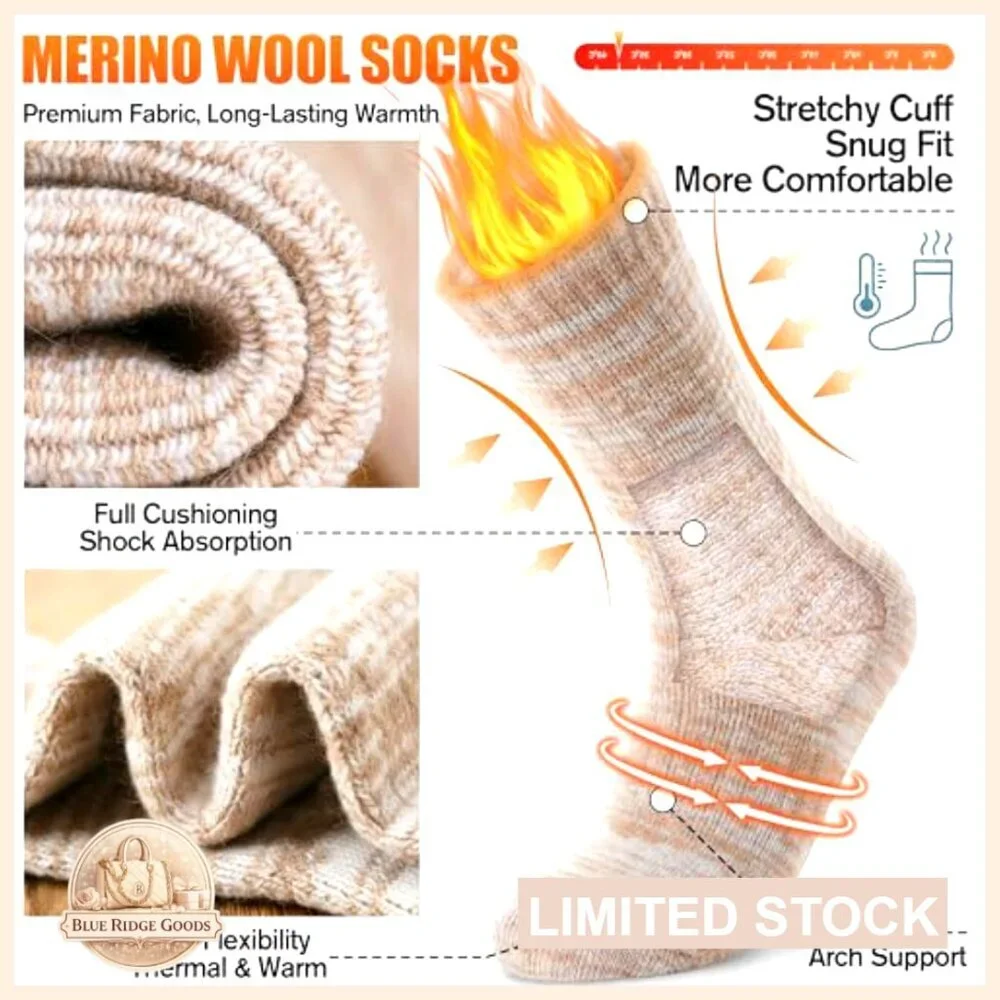 Merino Wool Thermal Hiking Socks Cozy Crew Cushioning Winter Warm